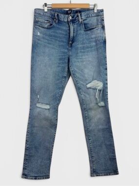 722 10/$50🏄🏻‍♀️ GAP 1969 Skinny Moulant Distressed Blue Denim 34x30 Jeans